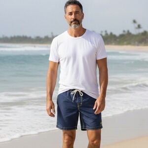 Boden Navy Blue Swim‎ Trunks with Yellow Stitching and Starfish Liner Size 34